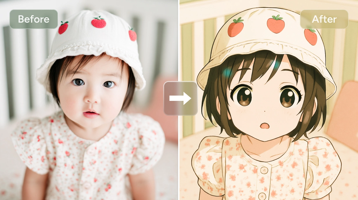 change the baby photo's style to cute anime style